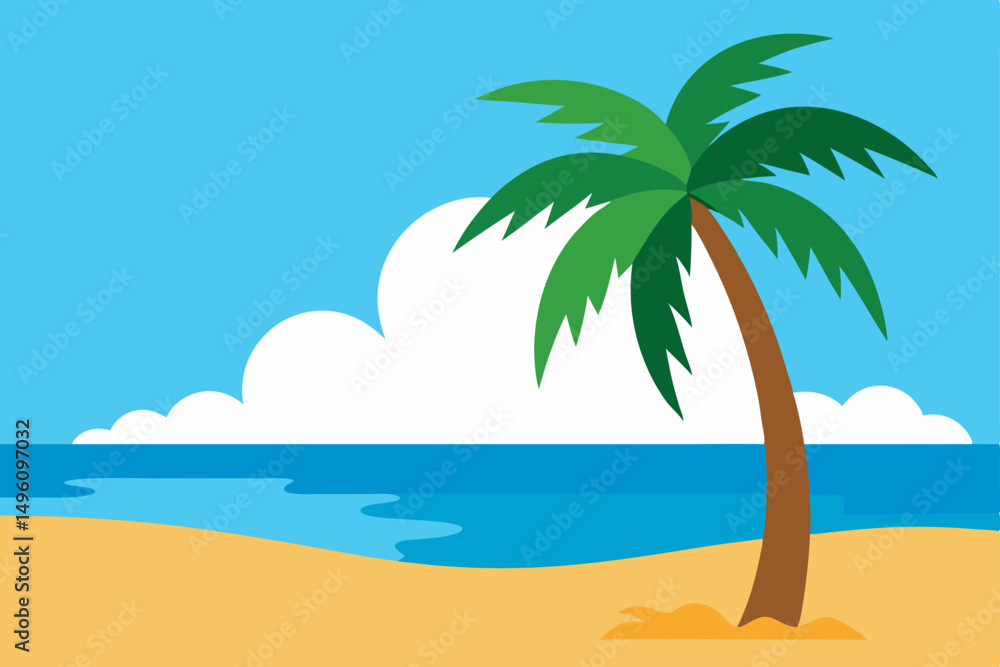 Fototapeta premium Tropical Paradise Beach with Swaying Palm Trees Offering Shade Vector Illustration Background