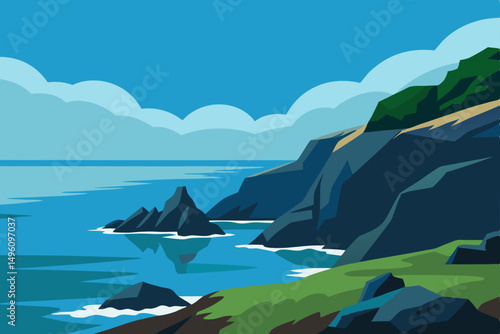 Stunning Rocky Coastal Seascape View in Amazing Ultra HD Vector Illustration Background