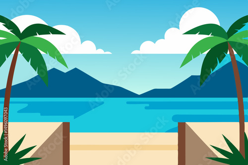 Stunning Ocean View from Luxurious Tropical Island Resort Vector Illustration Background