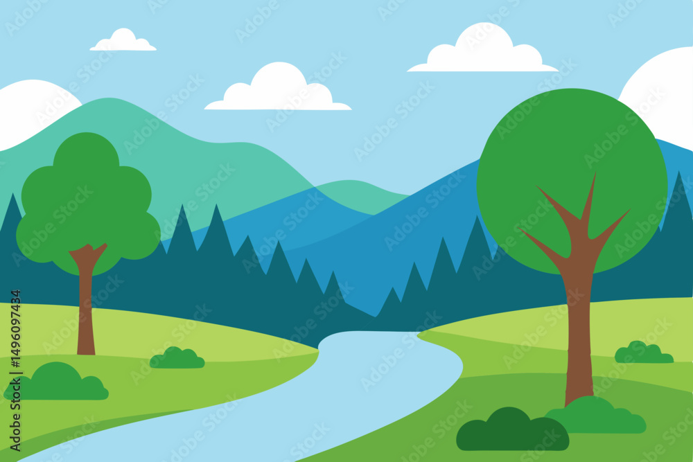 Obraz premium Tranquil Peaceful Nature Landscape Wallpaper with Lush Trees and Flowing River Vector Illustration Background