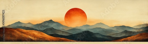 Sunset over a mountain range with a red sun banner