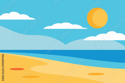 Bright Sunny Beach Scene with Golden Sand and Clear Blue Sea Wallpaper Vector Illustration Background