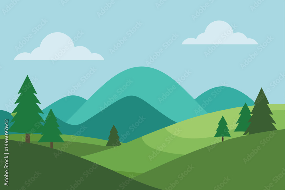 Fototapeta premium Clean Minimal Nature Landscape with Rolling Hills and Trees Wallpaper Vector Illustration Background