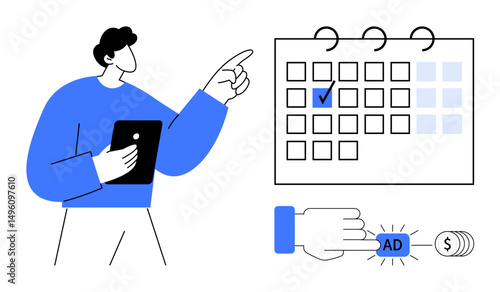 Person scheduling events on a calendar, clicking on an ad button, and monitoring budget planning. Ideal for advertising, marketing, campaign planning, time management, budgeting, productivity