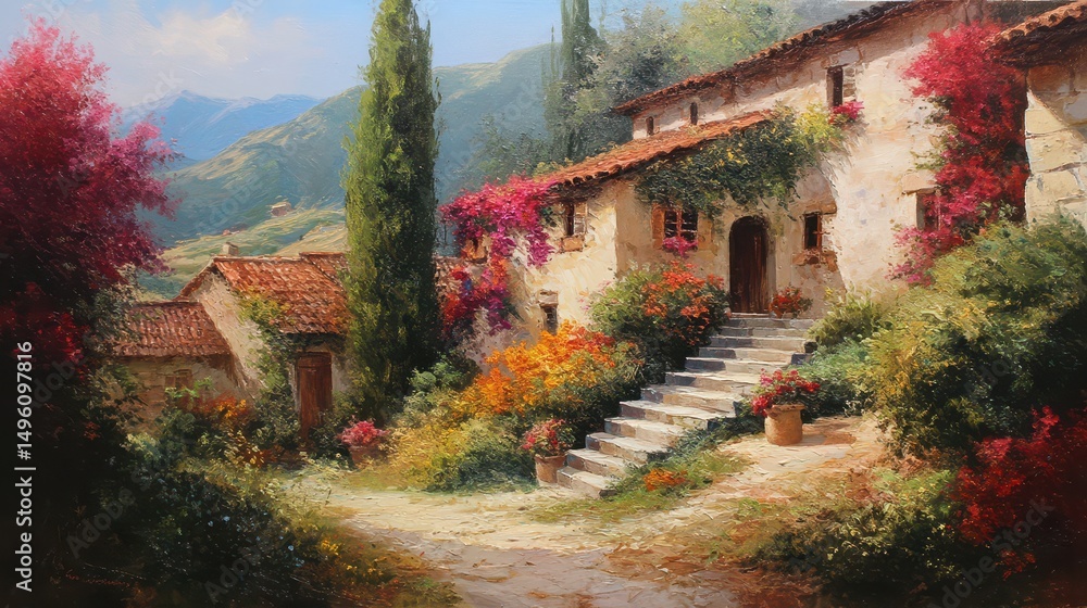 Obraz premium Charming Italian Villa Surrounded by Vibrant Gardens and Scenic Mountainscape, Perfect for Nature and Travel Enthusiasts