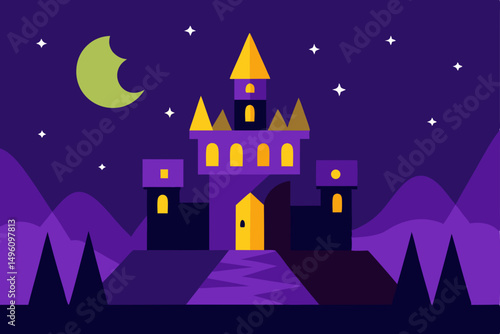 Enchanting Royal Kingdom Illuminated at Night in Fantasy Style Vector Illustration Background