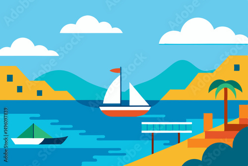 Picturesque Summer Coastline Scene with Colorful Boats and Wooden Pier Vector Illustration Background