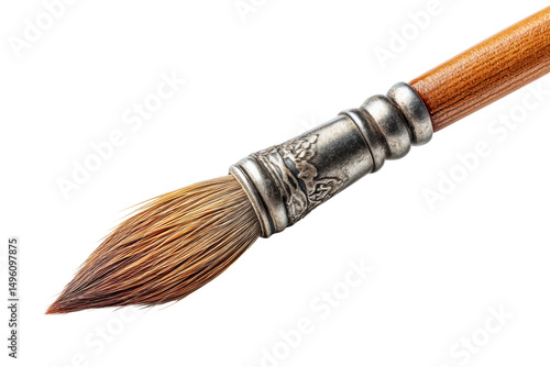 PNG Close-up of detailed wooden handled paintbrush with metal ferrule