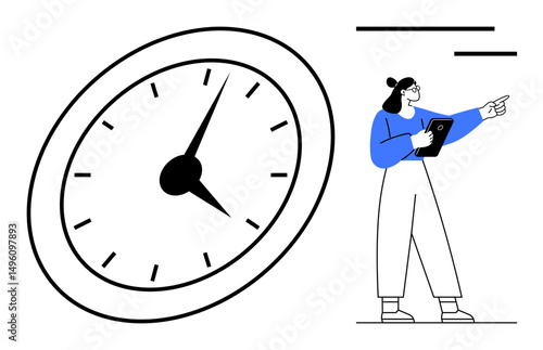 Giant clock with bold black outlines next to a woman holding tablet and pointing ahead. Ideal for time management, productivity, focus, planning, goals, teamwork, simple landing page