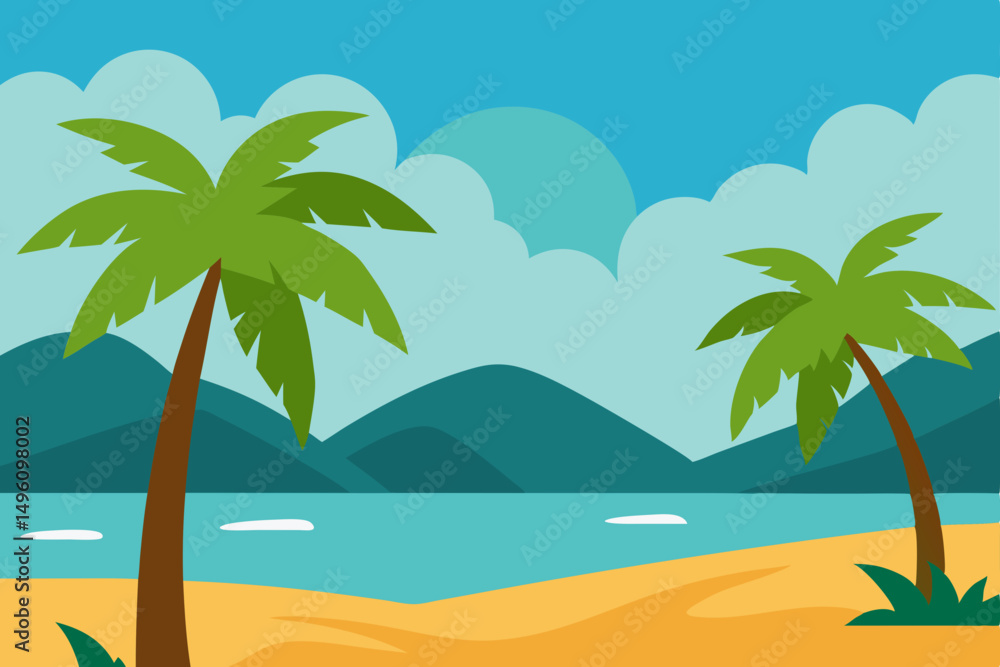 Idyllic Tropical Beach with Swaying Palm Trees and Clear Sky Wallpaper Vector Illustration Background Idyllic Tropical Beach with Swaying Palm Trees and Clear Sky Wallpaper Vector Illustration Background