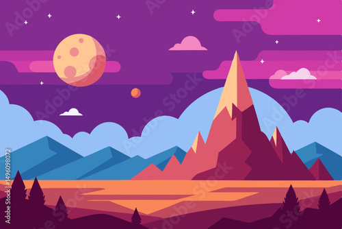 Whimsical Fantasy Landscape with Colorful Sky and Majestic Mountains Vector Illustration Background