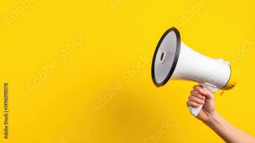 Hand Holding Megaphone on Bright Yellow Background for Announcements, Promotions, Communications, and Engagement in Various Scenarios and Events