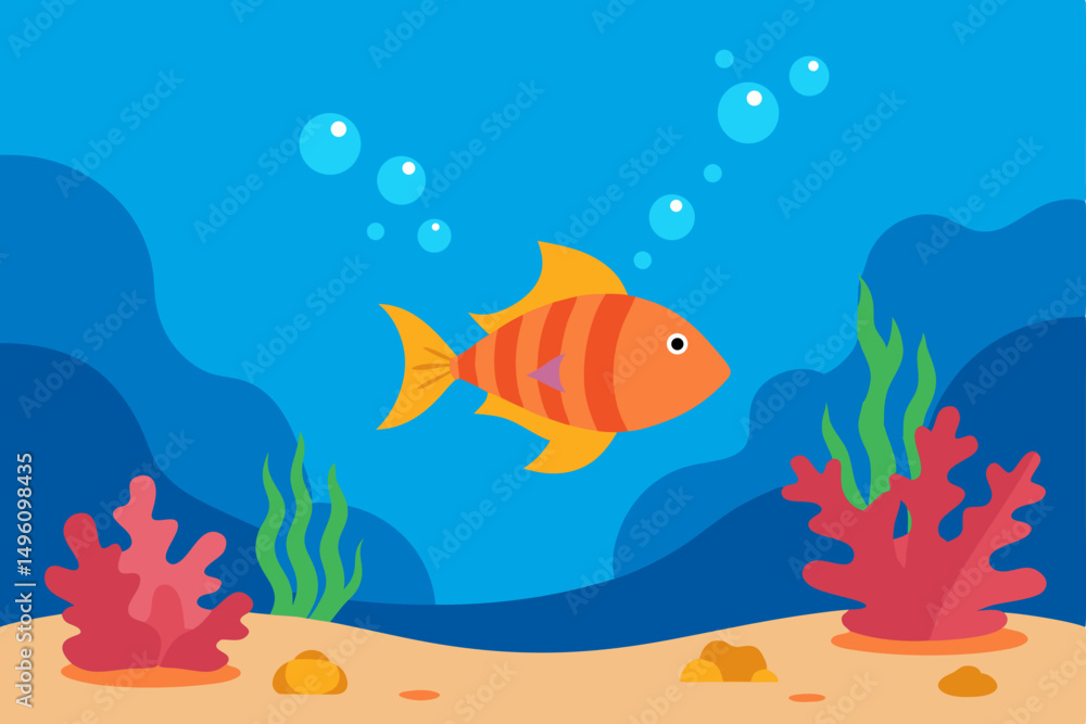 Fototapeta premium Vibrant Underwater Summer Life Scene with Colorful Fish and Coral Reef Vector Illustration Background
