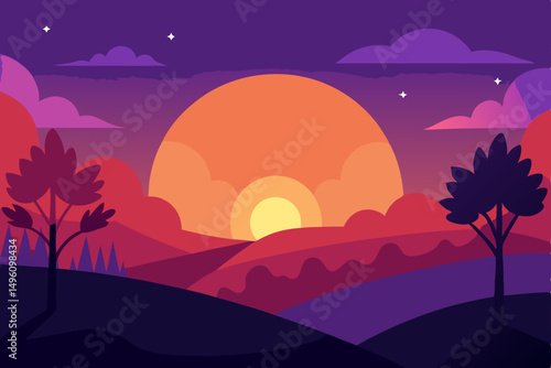 Ethereal Twilight Nature Landscape Scene with Soft Golden Sunlight Vector Illustration Background