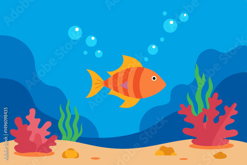 Vibrant Underwater Summer Life Scene with Colorful Fish and Coral Reef Vector Illustration Background