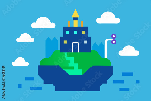 Surreal AI Generated Island with Majestic Castle and Ocean View Vector Illustration Background