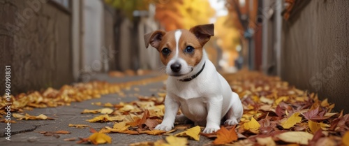 Small Jack Russell puppy sits amidst colorful autumn leaves on a narrow alley ,  season,  autumn