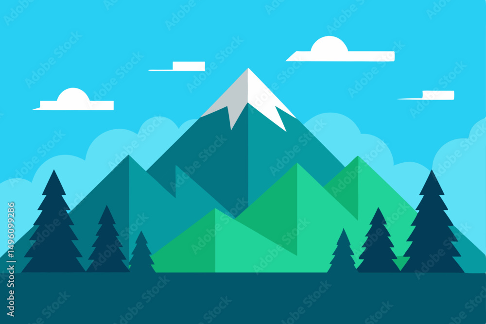 Naklejka premium Simple Flat Design Landscape with Mountains and Green Trees in Ultra HD Vector Illustration Background