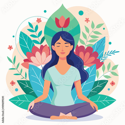 Flat Illustration Of A Woman Meditating In Front O