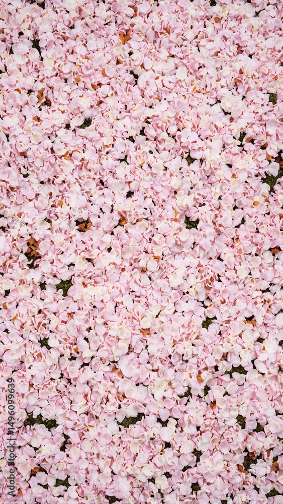 Fototapeta premium Delicate cherry blossom petals resting on lush green moss creating a serene and ethereal backdrop