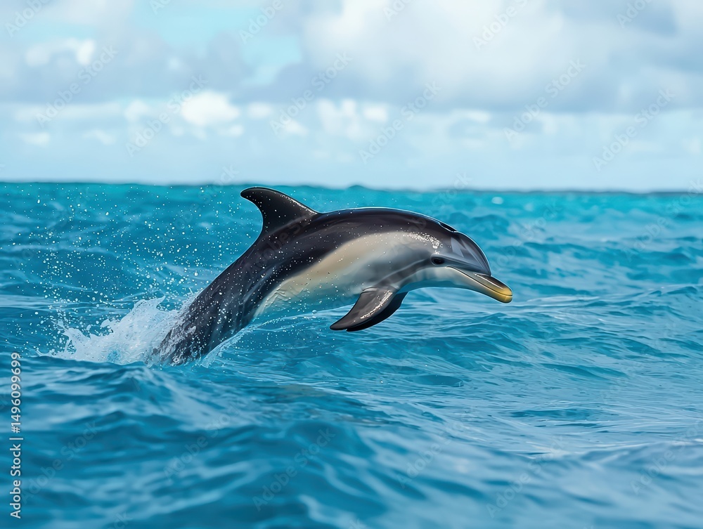 Obraz premium Dolphin Leaping Out of Turquoise Water with Clouds in Bright Blue Sky