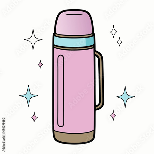 Thermos bottle in pink color with handle and sparkles around  