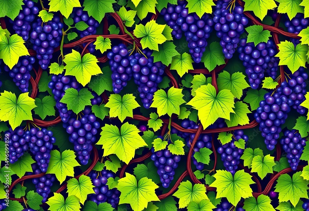 Seamless vector grapevine pattern; abundant bunches, twisting vines, ample background space, design element, fruit Seamless vector grapevine pattern; abundant bunches, twisting vines, ample background space, design element, fruit