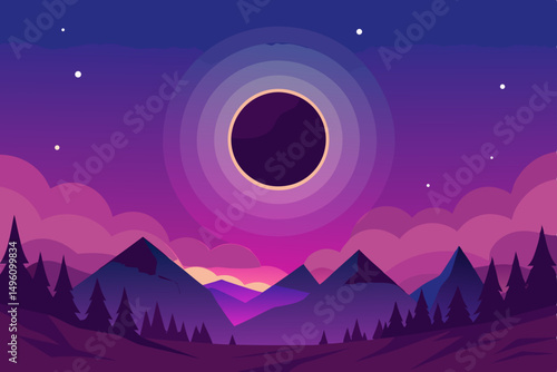 Mysterious Solar Eclipse in Enchanting Magic Landscape 4K Vector Illustration Background