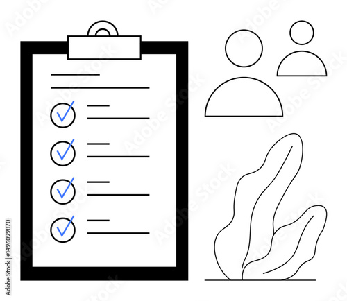 Task checklist with blue checkmarks on clipboard, user icons representing collaboration, and abstract plant illustration. Ideal for productivity, teamwork, task completion, project management