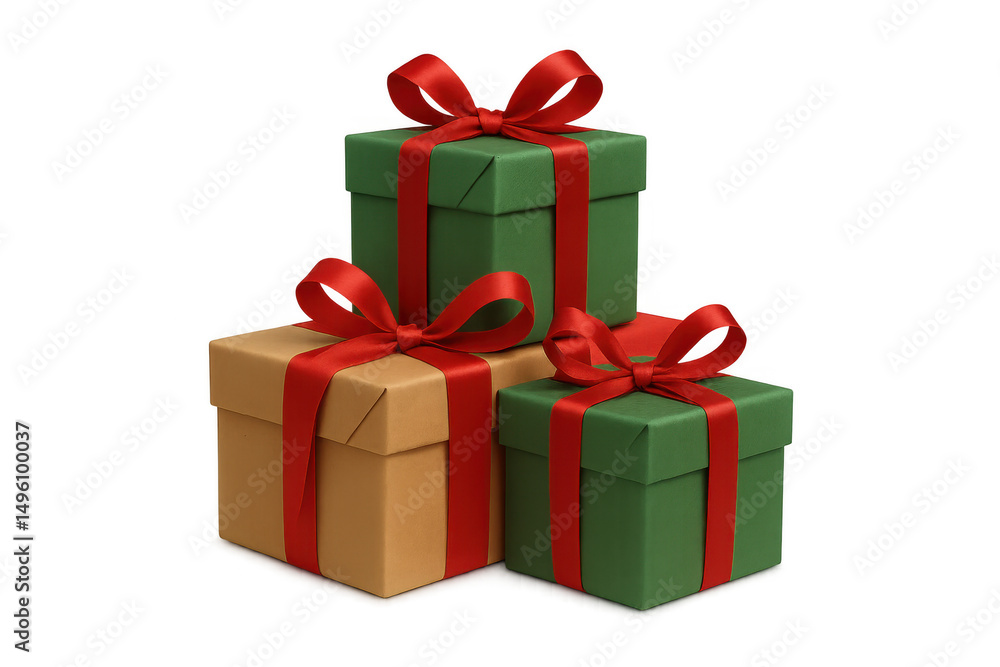 Fototapeta premium Three gift boxes with red ribbons are stacked, creating a festive holiday scene, perfect for christmas projects