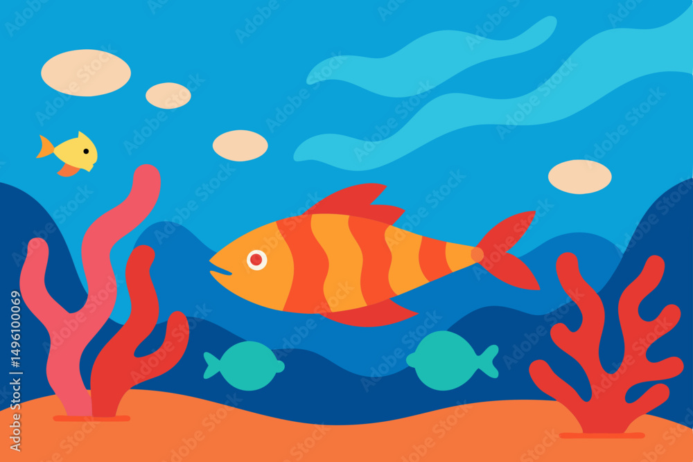 Naklejka premium Vibrant Underwater Summer Life Scene with Colorful Fish and Coral Reef Vector Illustration Background