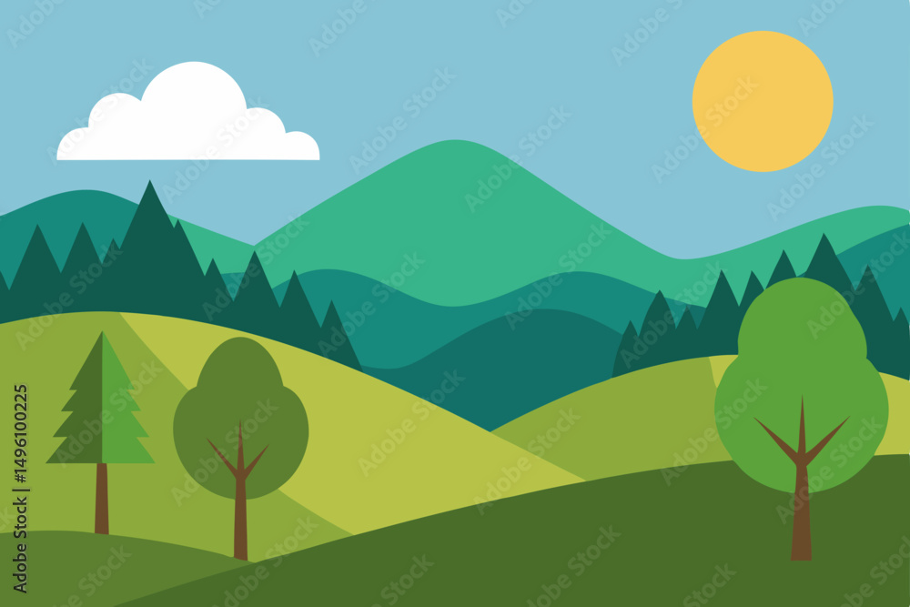 Obraz premium Clean Minimal Nature Landscape with Rolling Hills and Trees Wallpaper Vector Illustration Background