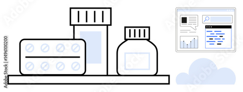 Medicine bottles, pill blister pack, and digital dashboard with cloud, representing modern healthcare, data analysis, and online pharmacy. Ideal for technology, health, medical research pharmacy AI