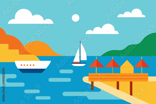 Picturesque Summer Coastline Scene with Colorful Boats and Wooden Pier Vector Illustration Background