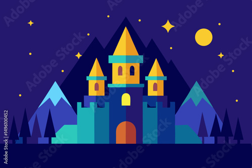 Enchanting Royal Kingdom Illuminated at Night in Fantasy Style Vector Illustration Background