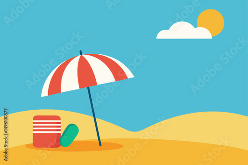 Bright Sunny Beach Scene with Colorful Umbrella and Beach Towel Vector Illustration Background