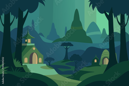 Enchanting Hidden Elven Village Nestled in the Woods Ultra HD Vector Illustration Background