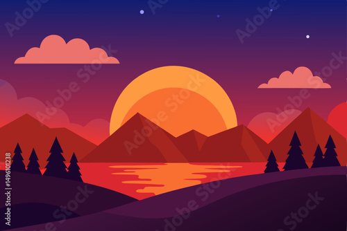 Ethereal Twilight Nature Landscape Scene with Soft Sunlight Vector Illustration Background