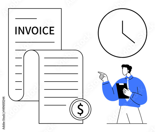 Invoice with dollar sign, wall clock, and professional holding tablet highlight payment and task efficiency. Ideal for billing, accounting, deadlines, time management, business services, finance