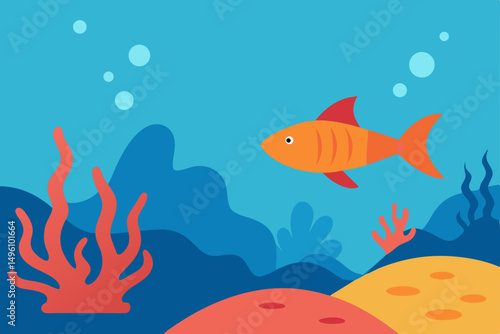 Vibrant Underwater Summer Life Scene with Colorful Fish and Coral Reef Vector Illustration Background