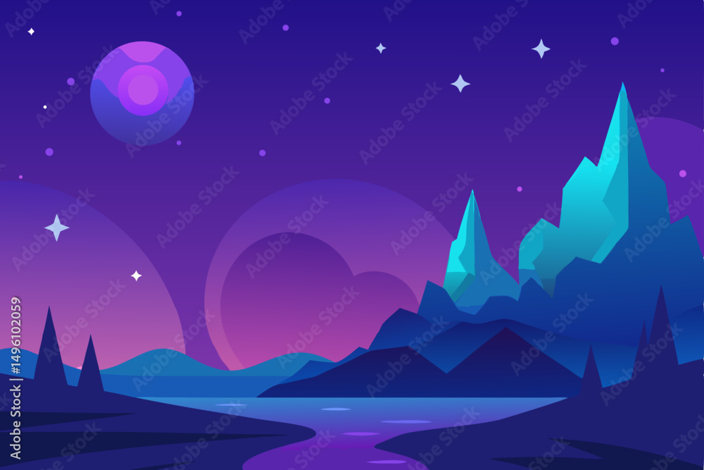Obraz premium Mystical Glowing Fantasy Landscape Under a Starry Night Sky Vector Illustration Background