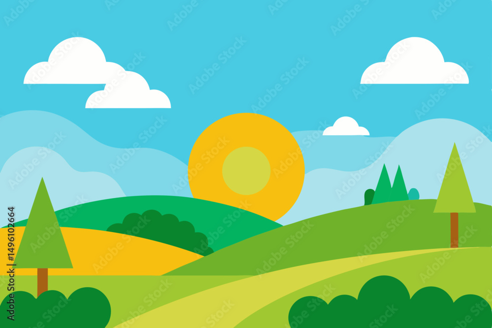 Obraz premium Picturesque Sunny Countryside Landscape Wallpaper Vector Illustration Background