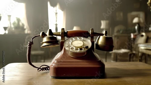An old fashioned rotary telephone in the center of a vintage living room with soft light and nostalgic decor. Antique phone sitting on wooden table.