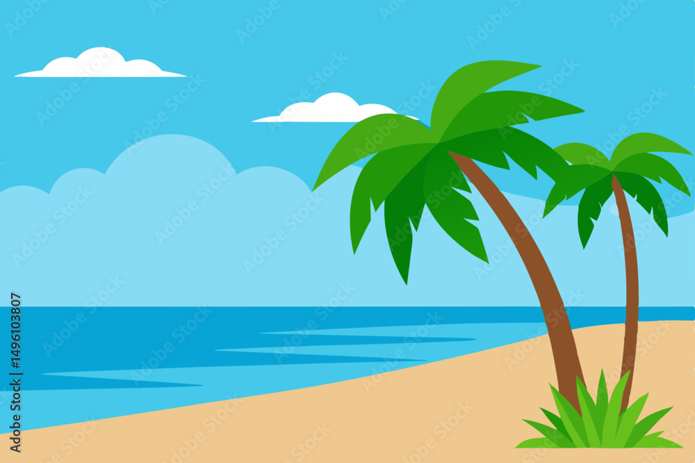 Obraz premium Tropical Summer Beach with Lush Palm Trees and Clear Blue Sky Vector illustration Background
