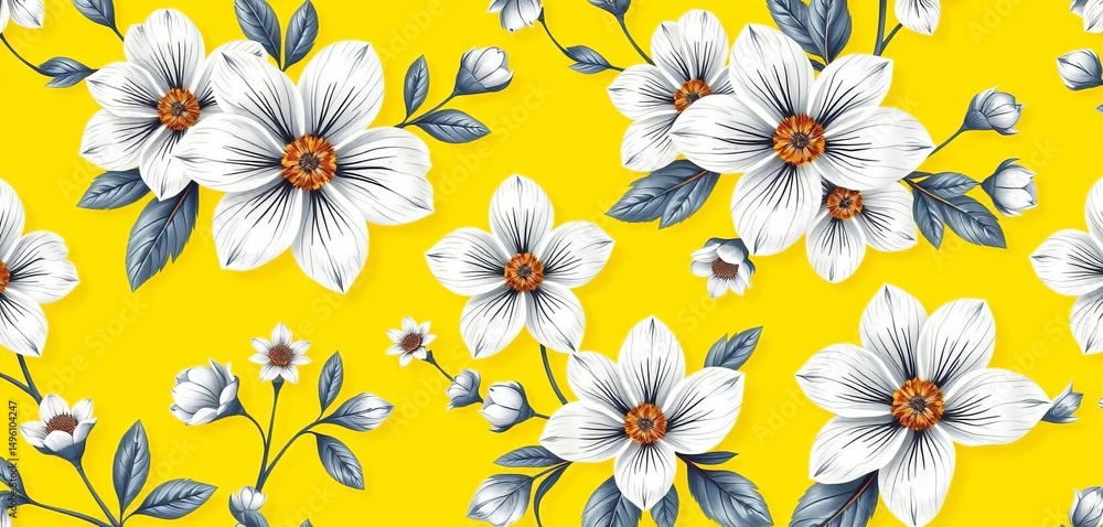Trendy seamless vector floral pattern featuring white flowers on a bright yellow background Ample empty space, white flowers, wallpaper Trendy seamless vector floral pattern featuring white flowers on a bright yellow background Ample empty space, white flowers, wallpaper