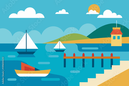 Lively Summer Coastline with Boats and a Long Pier Vector illustration Background
