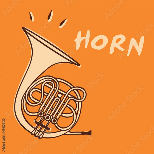 Vector illustration of a classic horn on white background. Brass wind instrument symbolizing tradition, call, celebration, and music. Ideal for classical, military, or festive design themes.