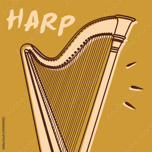 Vector illustration of a classical harp on white background. Elegant string instrument ideal for music-related themes, classical art, serenity, and symbolic concepts like harmony and spirituality.