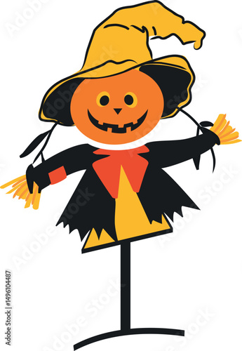 Vector illustration of a scarecrow on white background. Classic rural figure used in farming to scare birds. Great for autumn themes, harvest visuals, folklore, and symbolic meanings like solitude or 