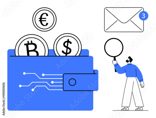Wallet storing euro, bitcoin, and dollar coins alongside notification envelope and magnifying glass. Ideal for finance, cryptocurrency, transactions, notifications, technology, fintech data simple